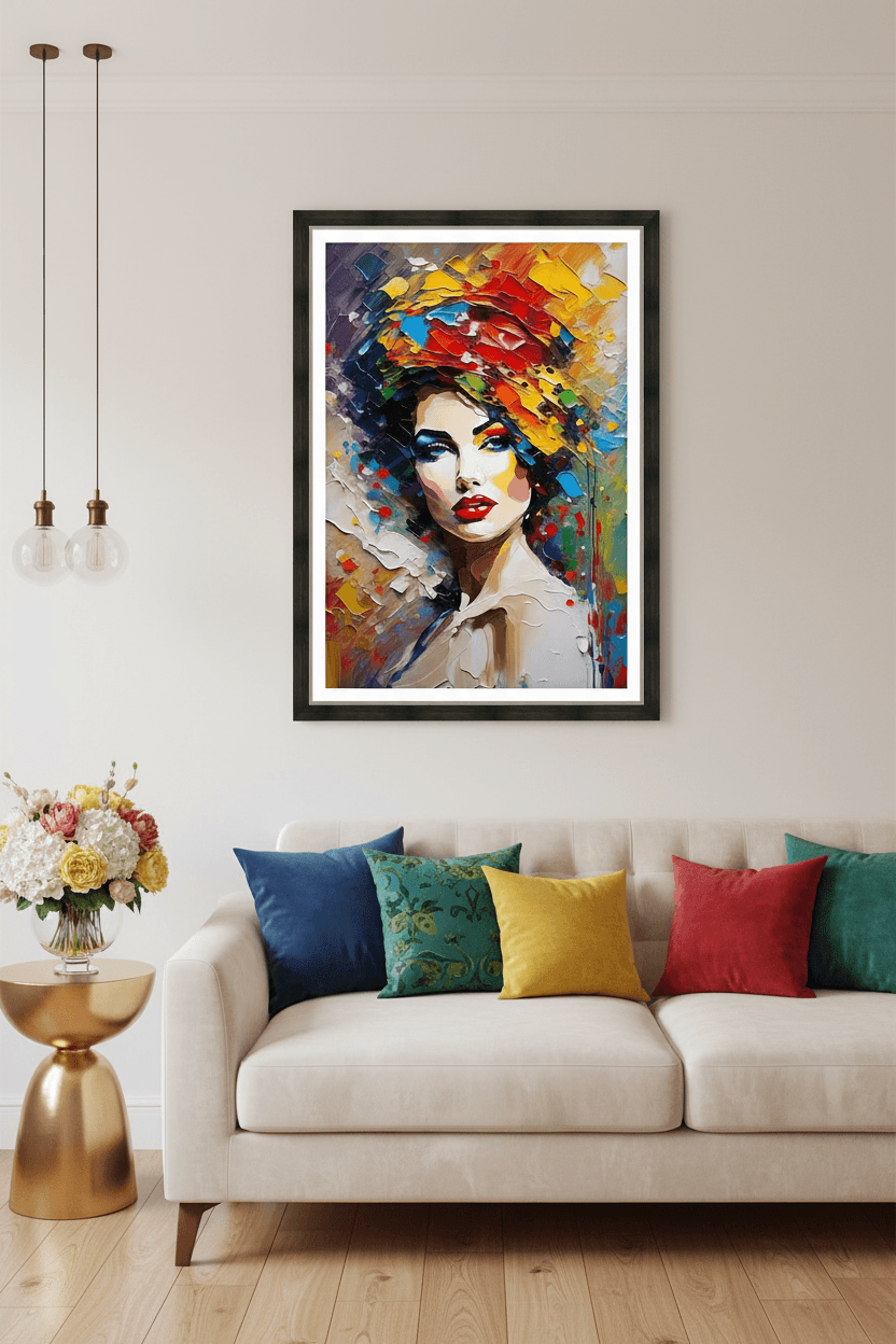 Framed abstract woman portrait on a wall above a multi-color sofa cushions