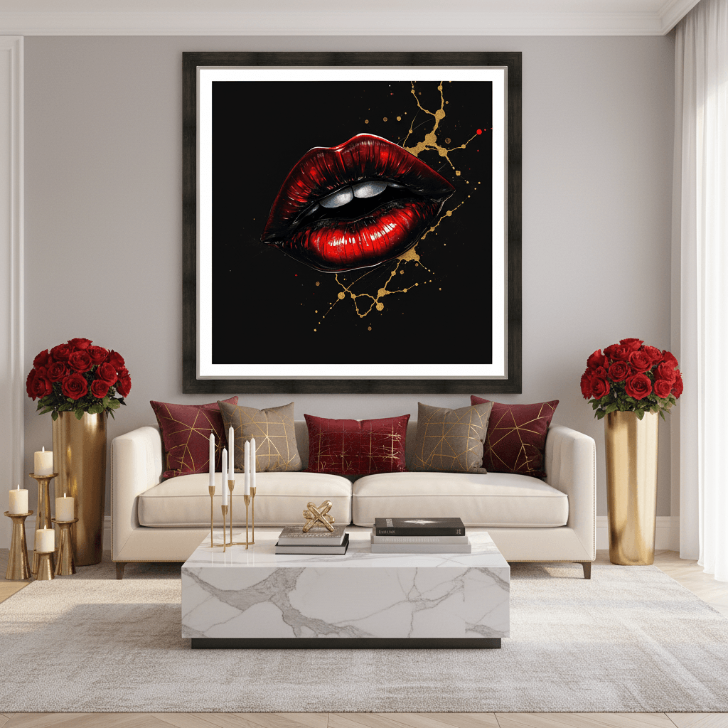 Framed red and gold lips print with black background and gold sparkle line details