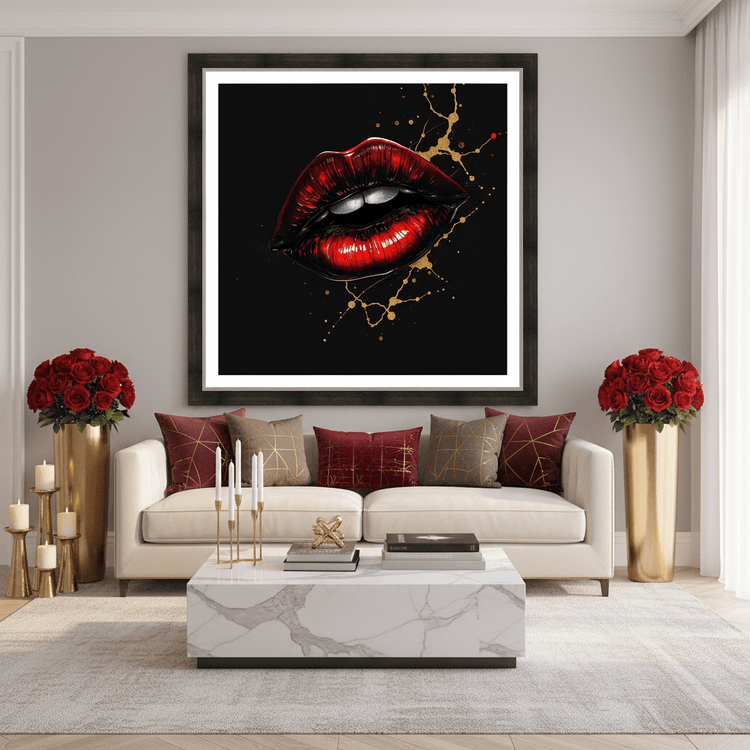 Framed red and gold lips print with black background and gold sparkle line details