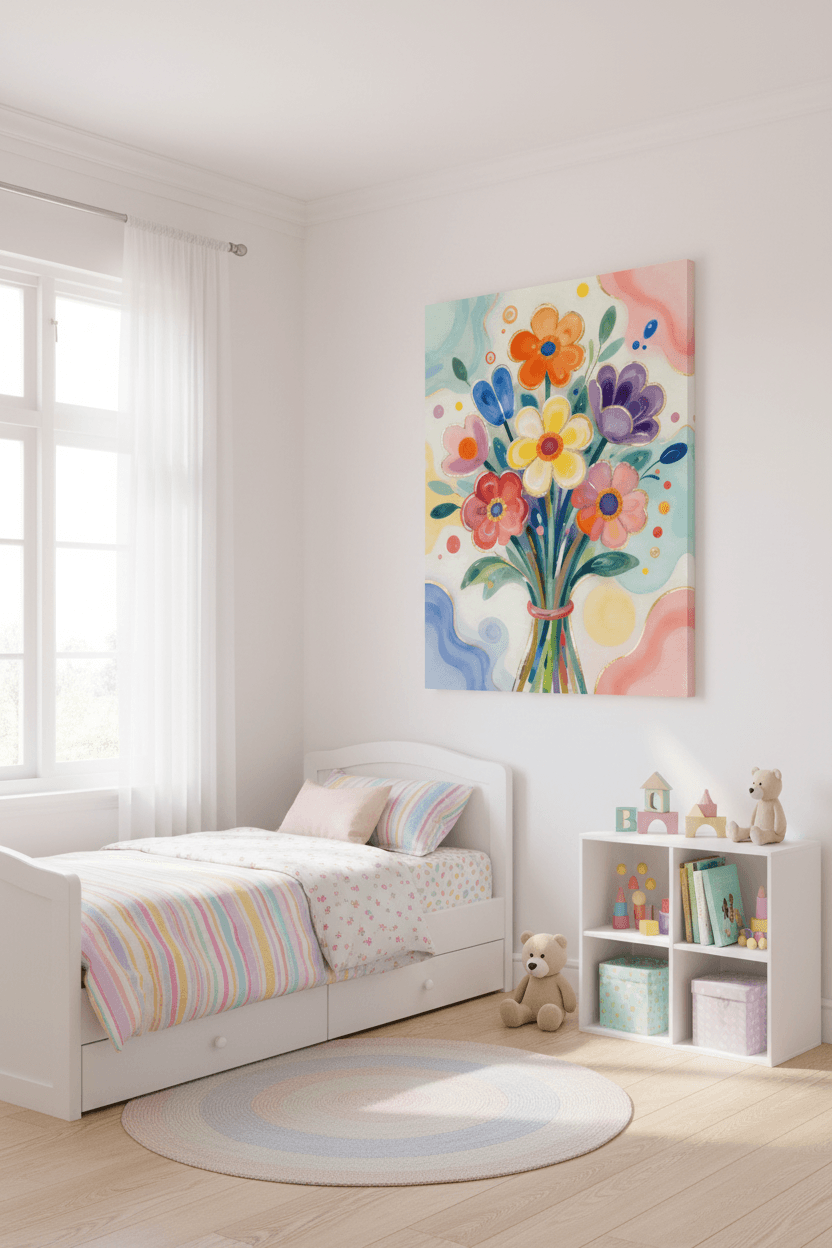Colorful floral bouquet wall art print with bright orange and yellow flowers on stems
