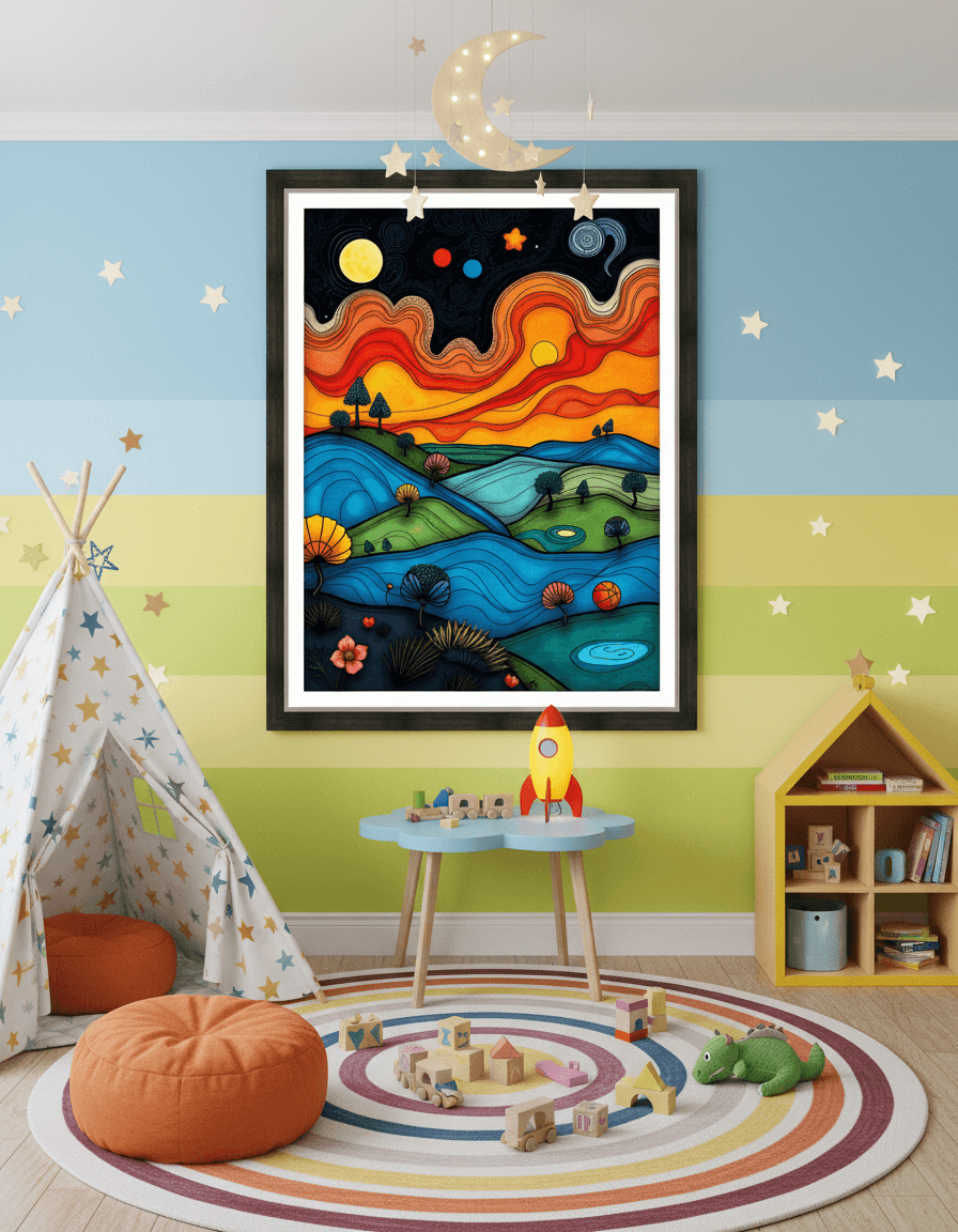 Framed abstract landscape wall print with orange, blue and green swirls under moonlit sky