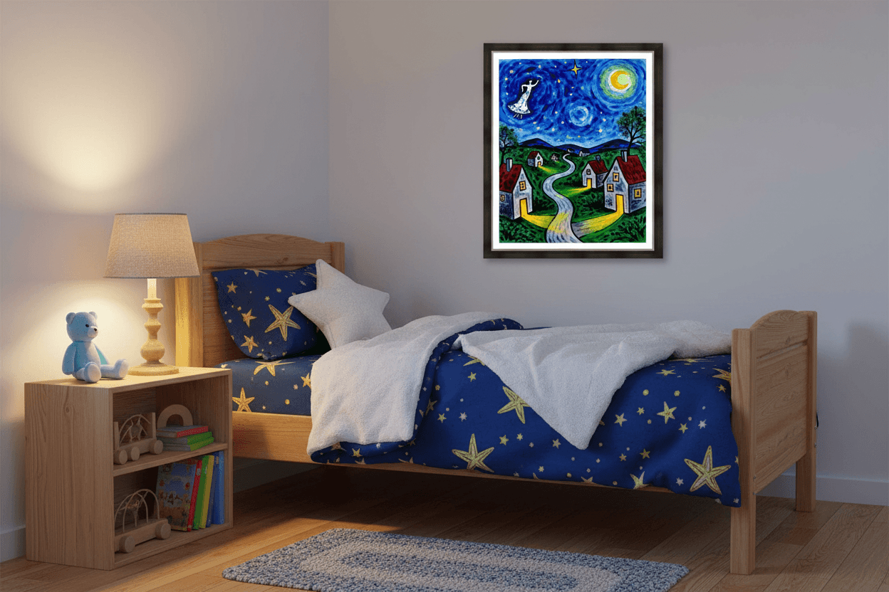 Framed wall art showing a night sky village with stars, cat figure, moon, and winding path