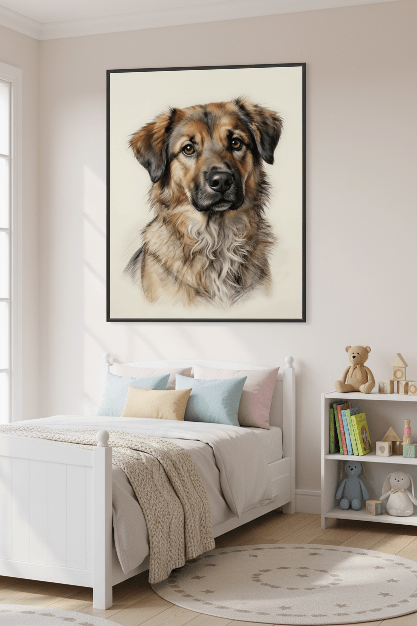 Framed dog portrait print featuring fluffy tan-and-gray dog face, black frame.