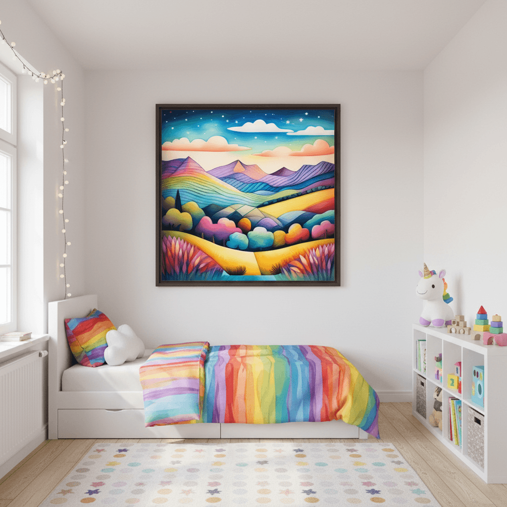 Framed psychedelic rainbow landscape wall art with colorful valley and starry sky