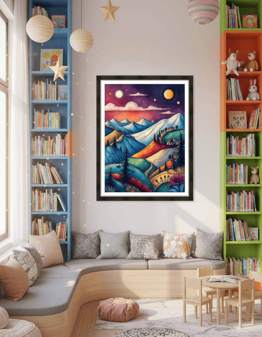 Framed abstract landscape print with vibrant blue scenery, orange glow, and moon