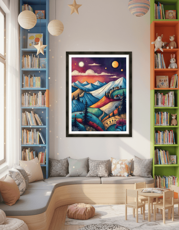 Framed abstract landscape print with vibrant blue scenery, orange glow, and moon