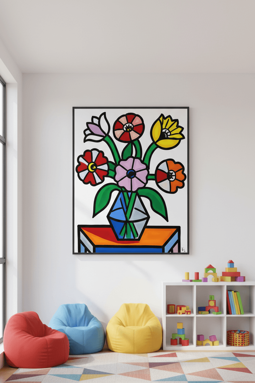 Geometric flower bouquet framed artwork with colorful flowers and faceted vase