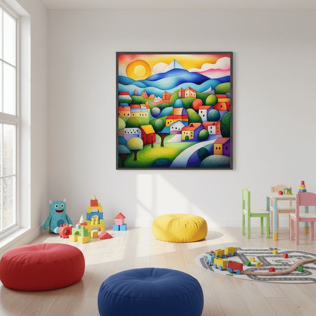 Framed geometric landscape wall art with colorful houses, hills, and mountains in blue, green, and orange
