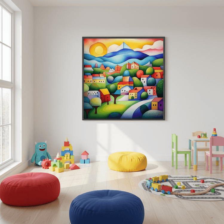 Framed geometric landscape wall art with colorful houses, hills, and mountains in blue, green, and orange