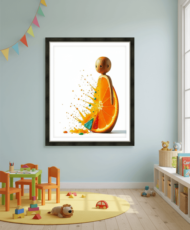 Framed abstract citrus character print with orange slice figure and splatter