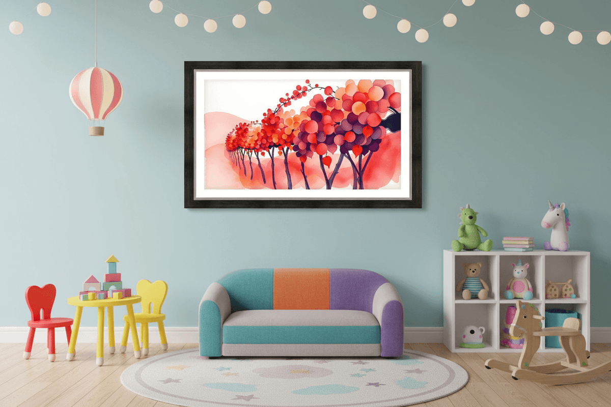 Framed watercolor autumn tree wall art print with colorful bubble tree crowns