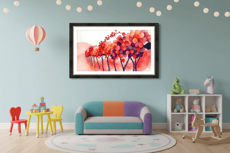 Framed watercolor autumn tree wall art print with colorful bubble tree crowns