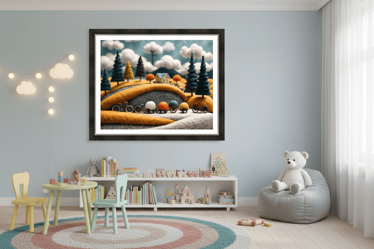 Framed bicycle journey print with orange hills, small bikes, trees, and cloudy sky