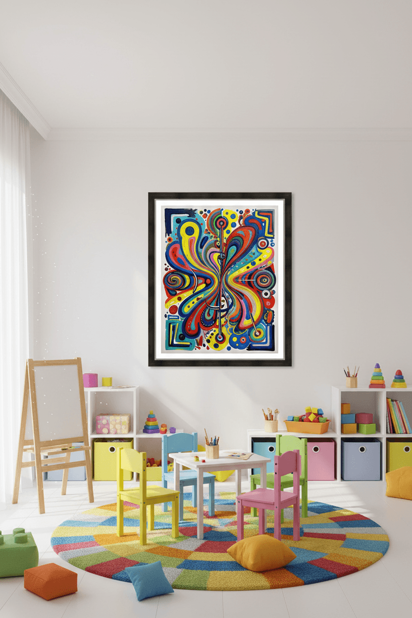 Framed colorful abstract art with swirling lines and circular motifs centered in the design