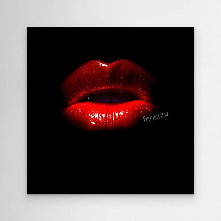 Glossy red lips wall art on black background, close-up design with no visible frame