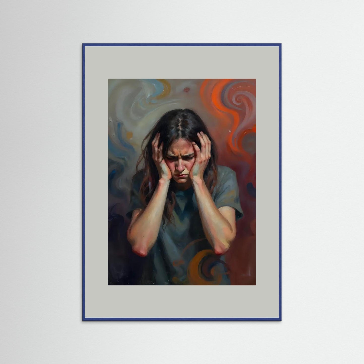 Contemplative Woman Amidst Swirling Colors