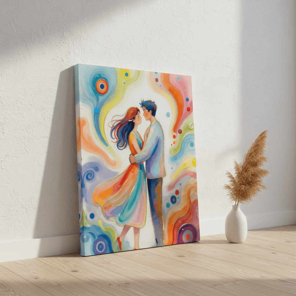 Canvas print featuring a couple holding hands with flowing multicolor waves