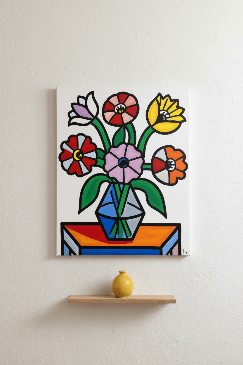 Geometric flower bouquet wall art showing colorful blooms in a faceted vase