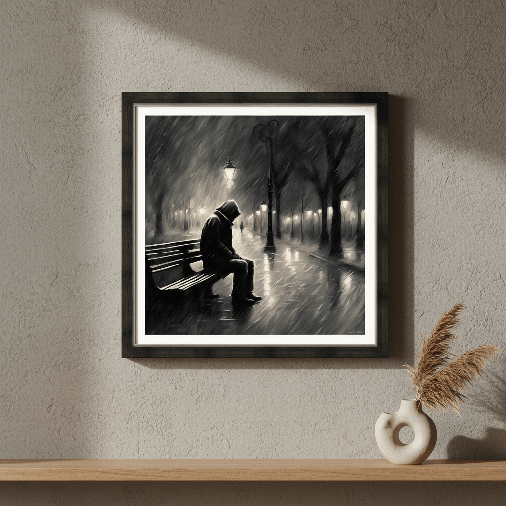 Framed monochrome wall art print of a man on a bench along a lit walkway