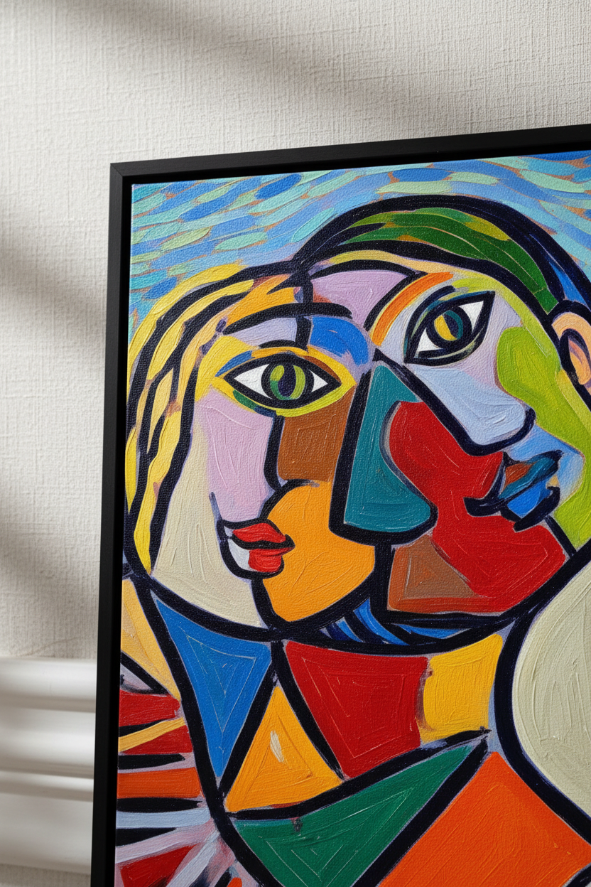 Close-up of colorful stylized portrait face artwork with blue swirls and bold shapes