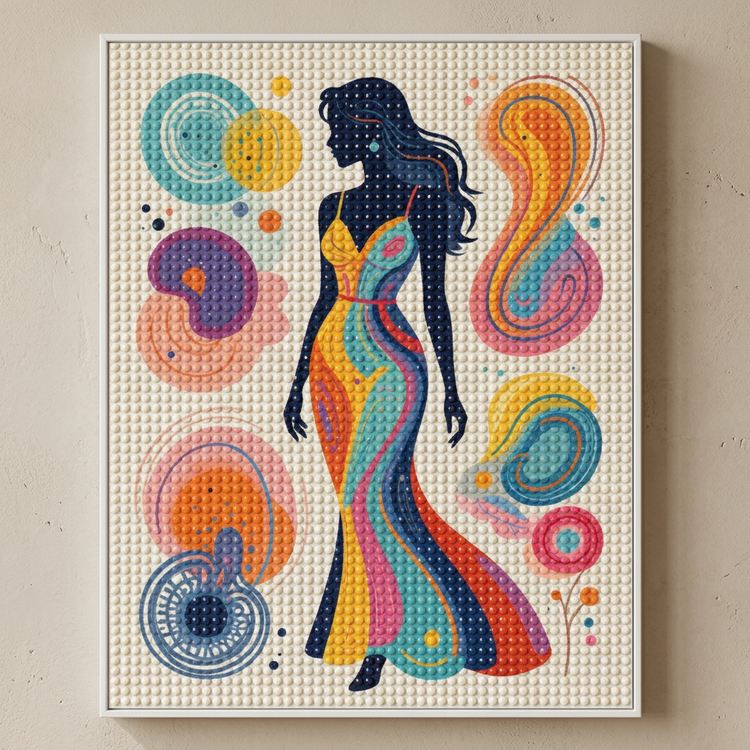 Framed square diamond painting canvas featuring colorful woman silhouette and abstract circles
