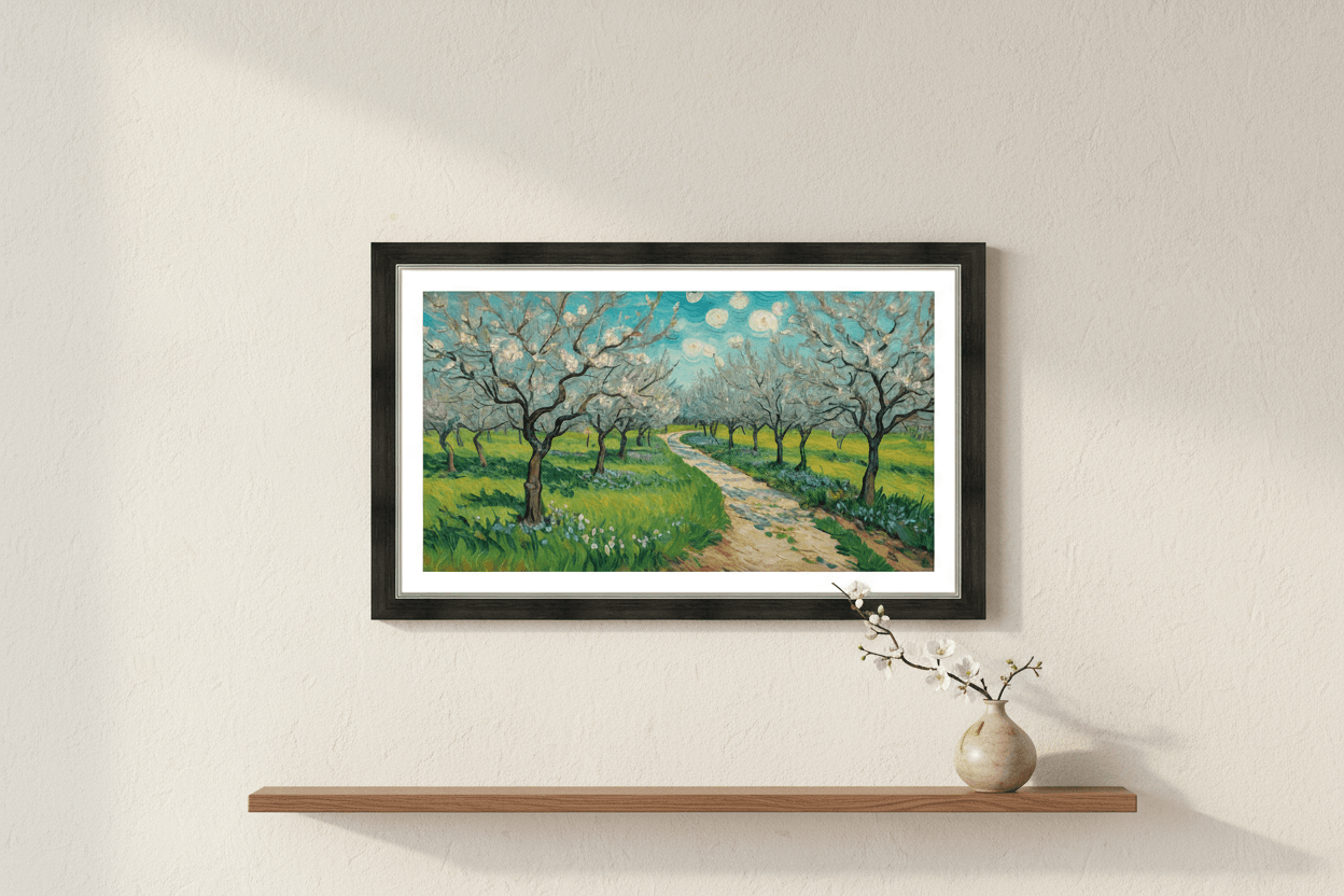 Framed orchard landscape art print with winding path and spring blossoms