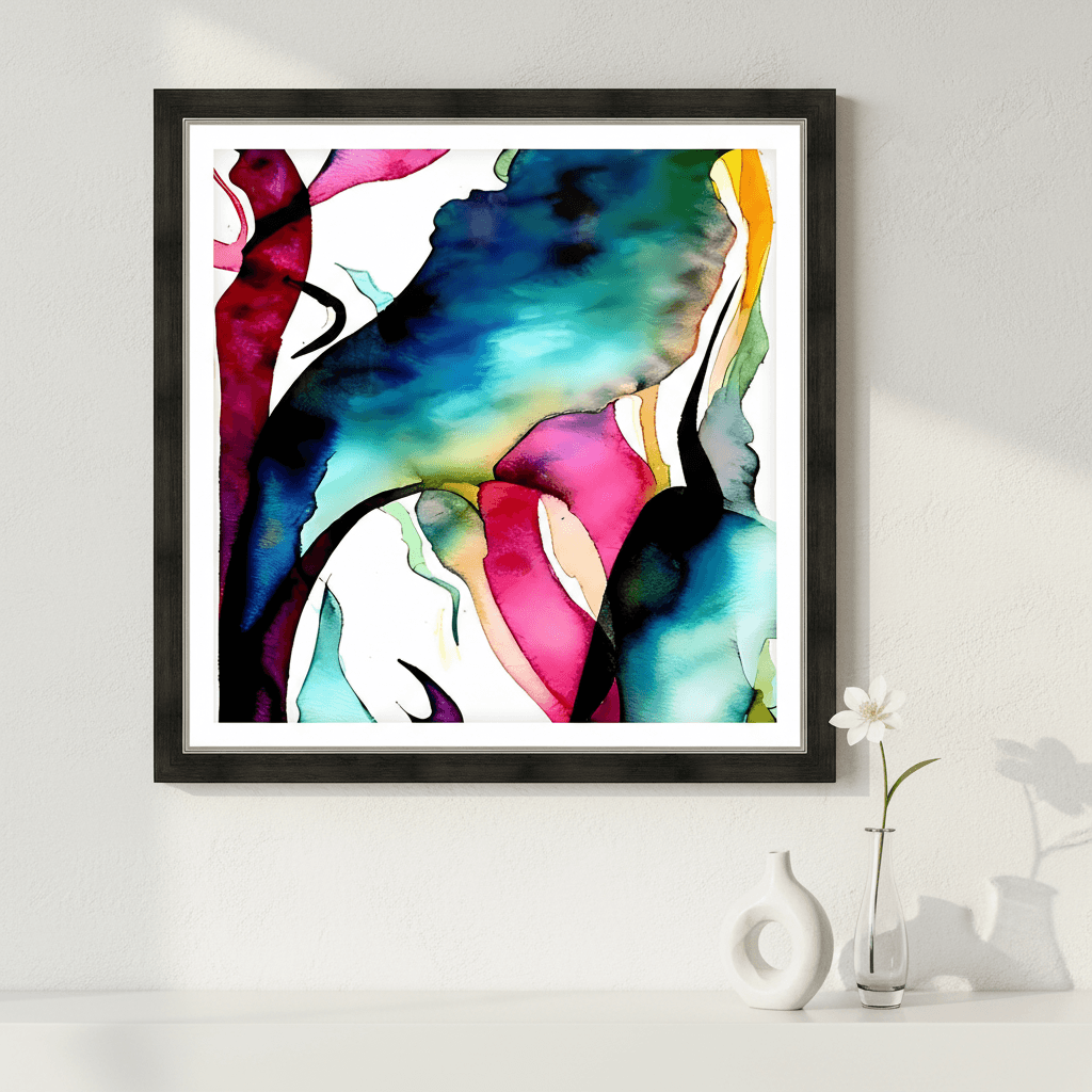 Framed abstract fluid wall art featuring pink lips, teal-blue tones, and colorful accents.