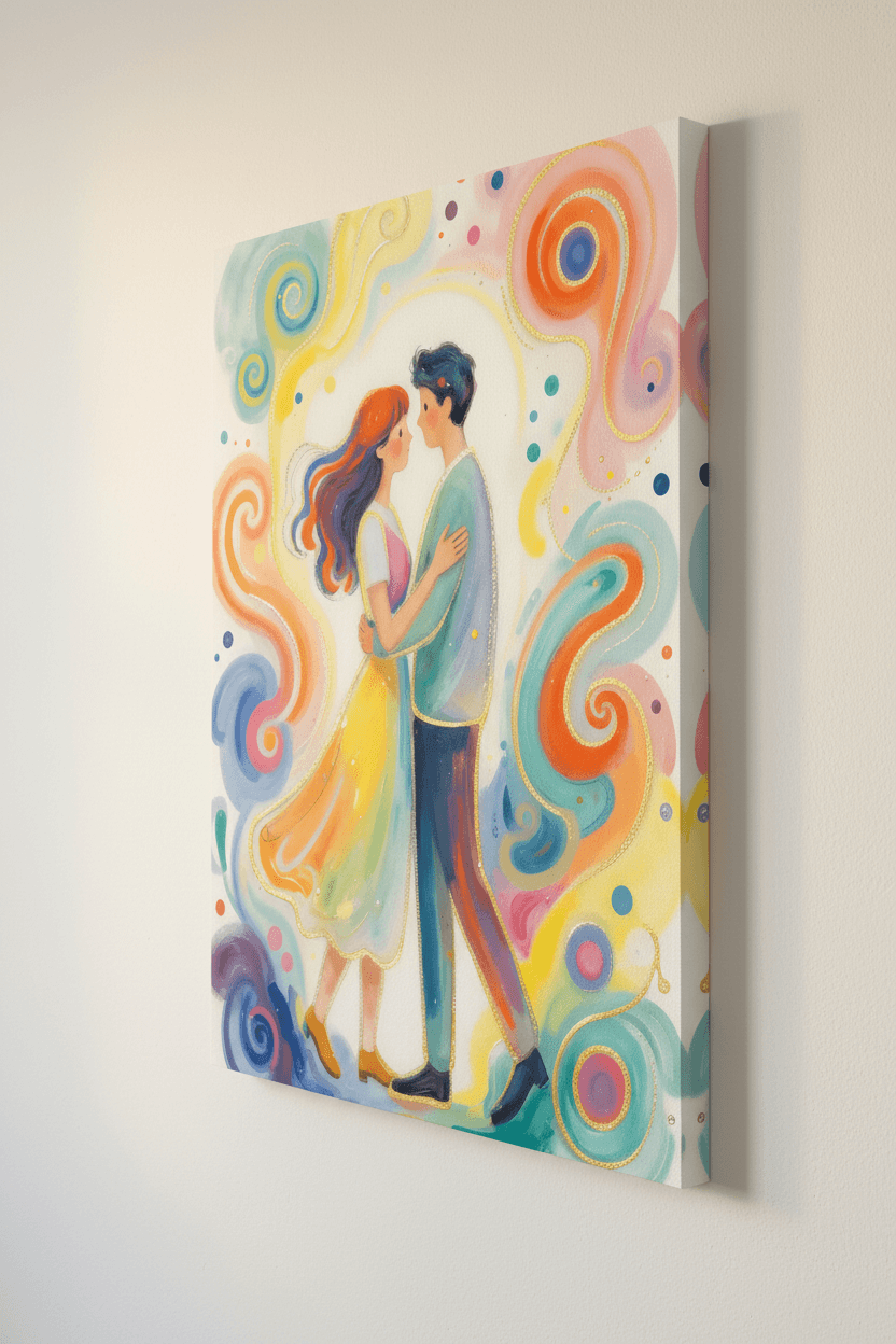 Romantic couple canvas wall art, woman in yellow dress facing man in blue, colorful swirls