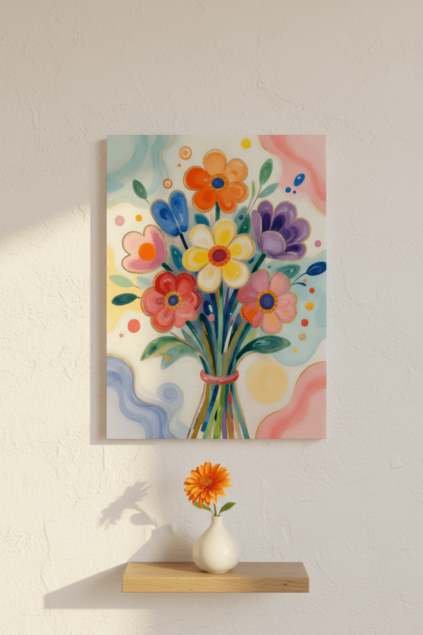 Colorful floral bouquet wall art print with stems and confetti dots in blue and pink