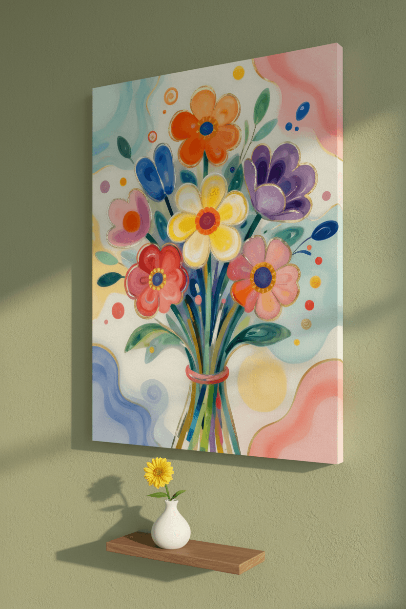 Colorful floral bouquet wall art print with mixed blue, purple, and coral blossoms