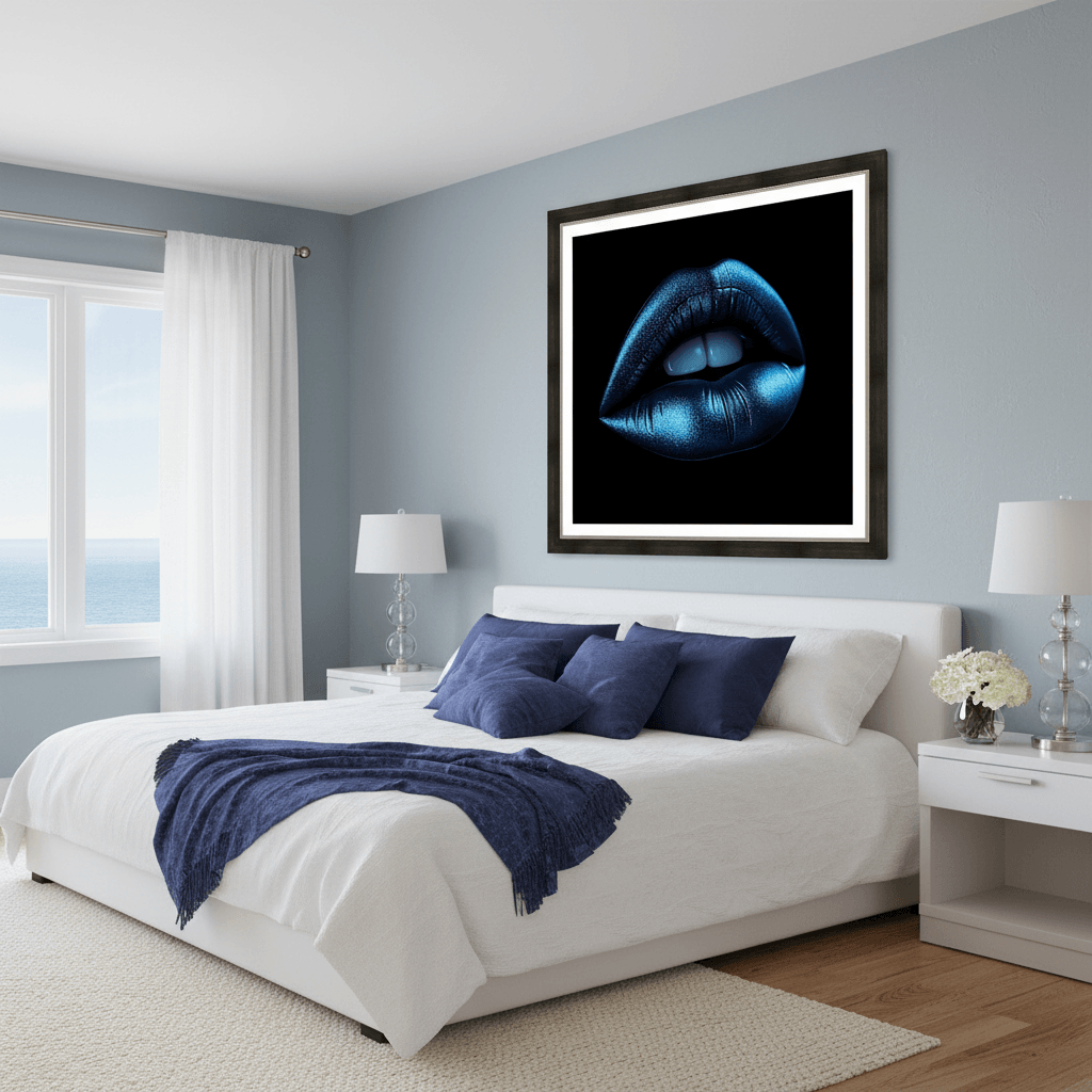 Framed sapphire blue metallic lips artwork with glossy teeth