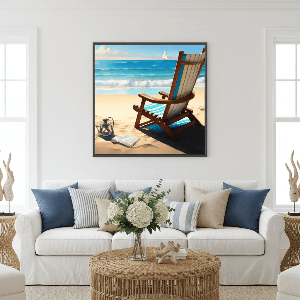 Framed beach art print over sofa, striped chair on beach with ocean waves