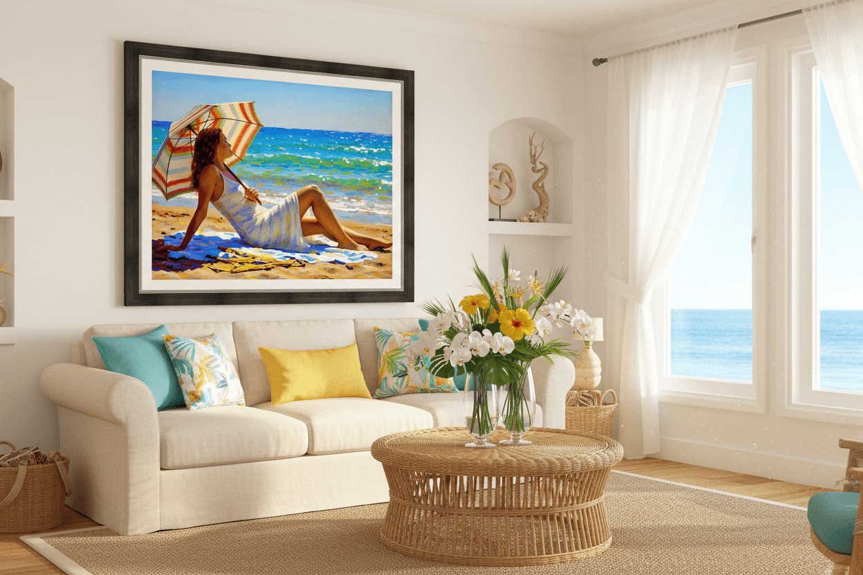 Framed beach wall art showing a reclining woman with a striped umbrella