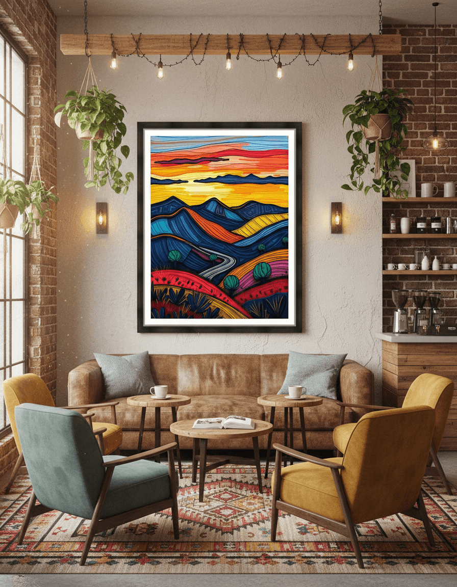Framed abstract landscape print with layered blue, orange, and pink mountain waves