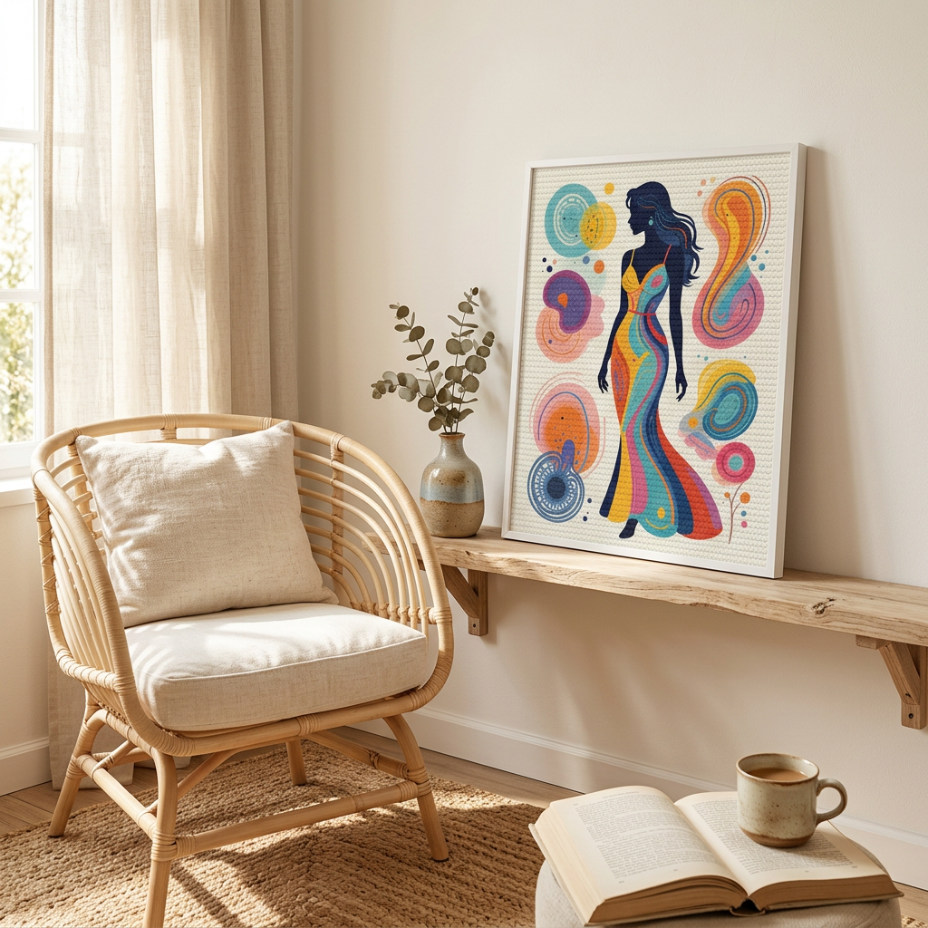 Wall-hung framed diamond painting canvas with colorful woman silhouette and abstract swirl circles