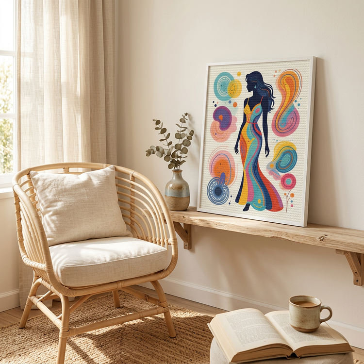 Wall-hung framed diamond painting canvas with colorful woman silhouette and abstract swirl circles
