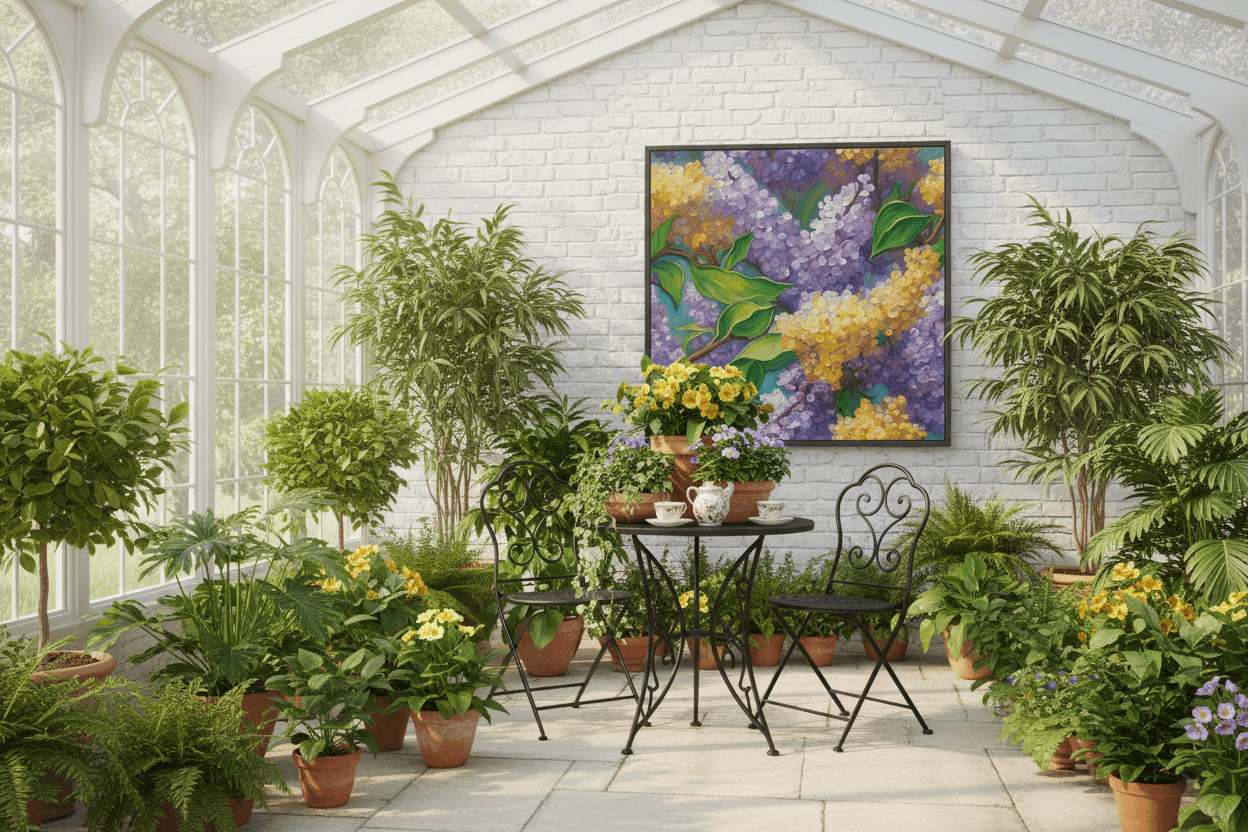 Framed lilac floral wall art with yellow blooms and green leaves