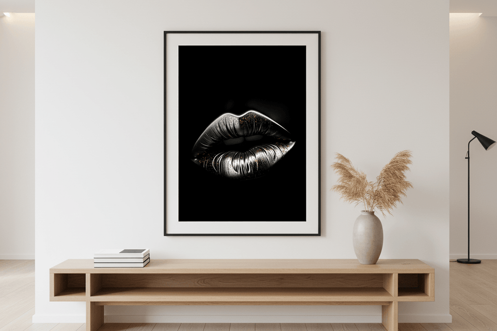 Framed lips wall art with silver and gold dust effect on black background