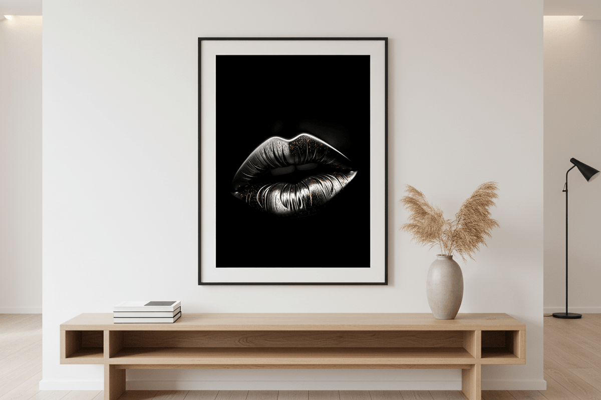 Framed lips wall art with silver and gold dust effect on black background