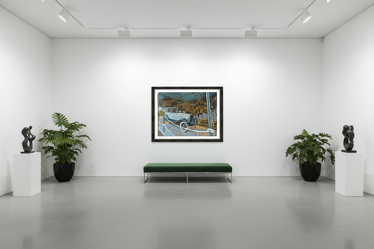 Framed vintage car artwork in a gallery room with bench and potted plants