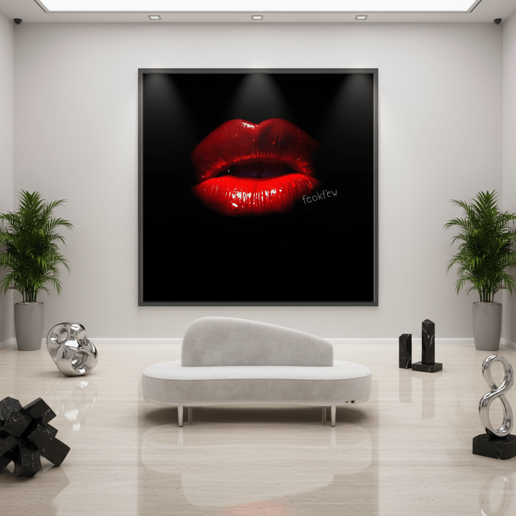 Framed wall art of glossy red lips on black background, black frame