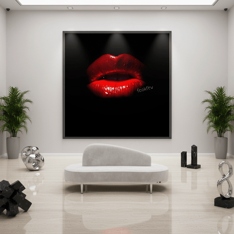 Framed wall art of glossy red lips on black background, black frame