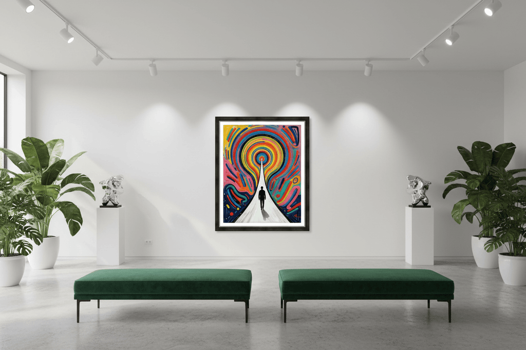Rainbow vortex framed art centered above green benches, featuring concentric swirls and figure