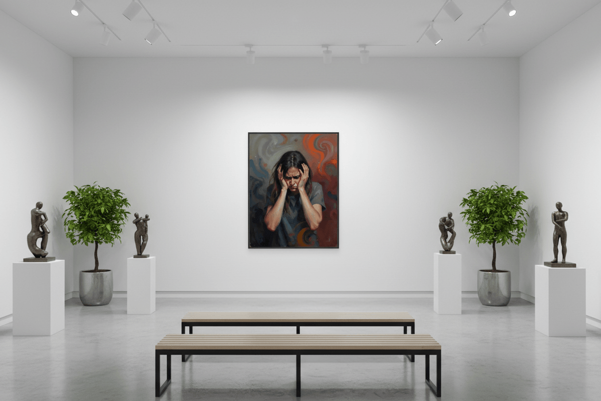Black-framed wall art portrait painting of a woman holding her head, dark hair and swirls.