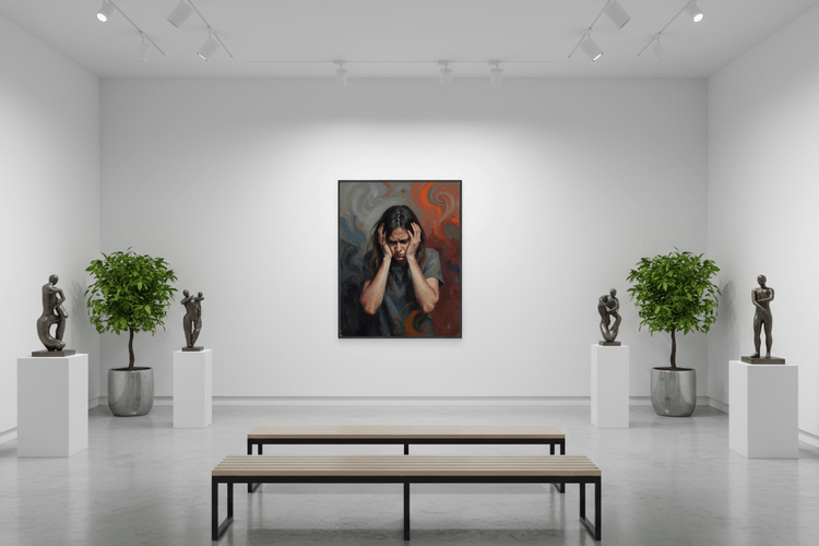 Black-framed wall art portrait painting of a woman holding her head, dark hair and swirls.