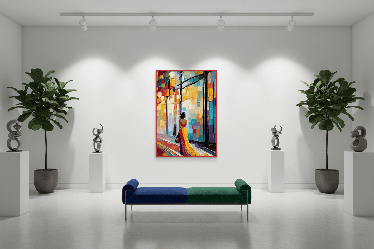 Fine art print with red frame on wall: colorful city scene with woman in yellow dress