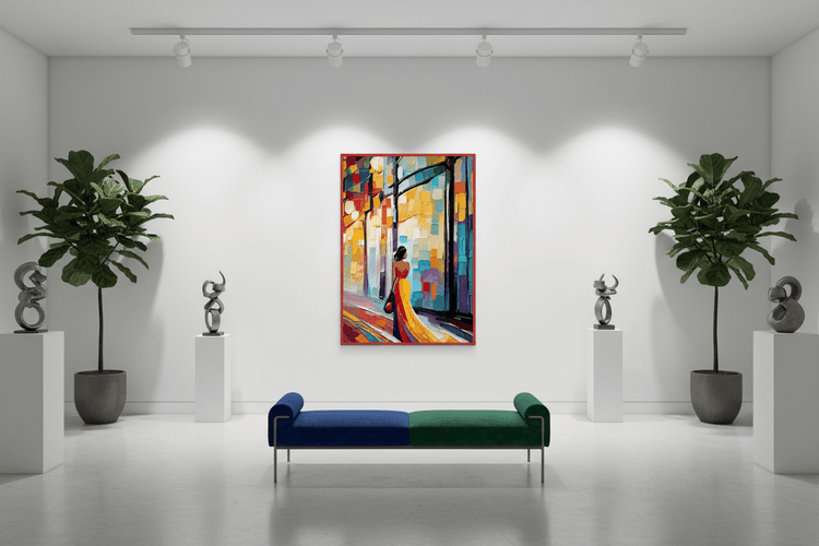 Fine art print with red frame on wall: colorful city scene with woman in yellow dress