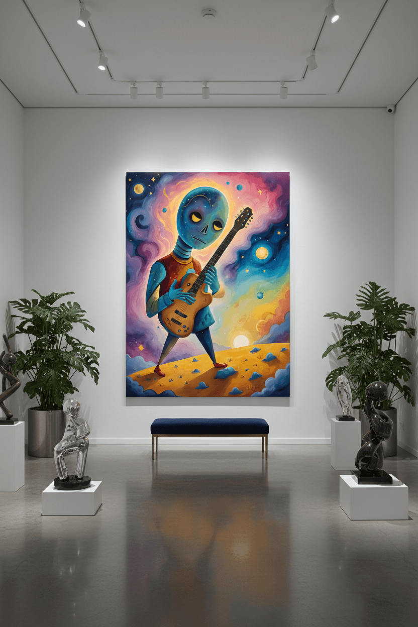 Vertical wall art print of a blue alien guitarist holding a brown electric guitar under moons