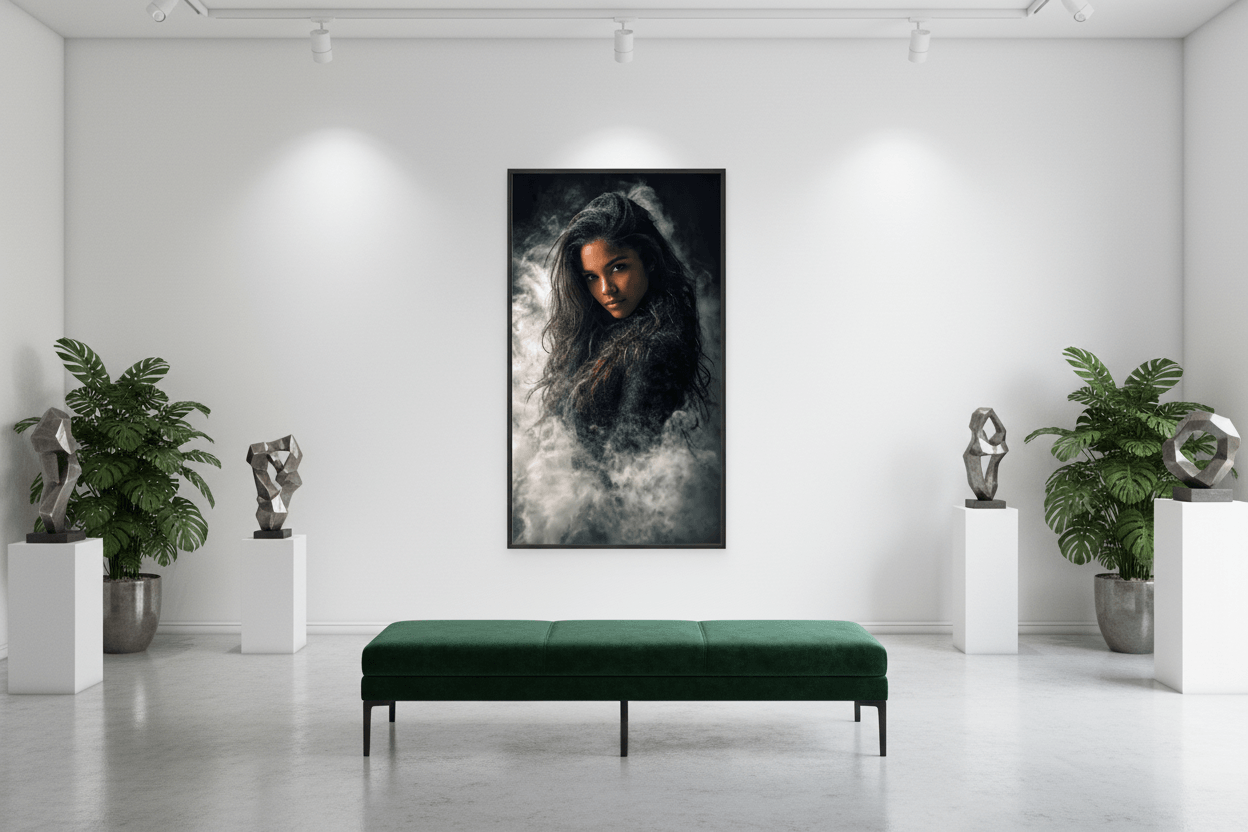 Framed wall art portrait of a woman with long dark hair against misty gray tones