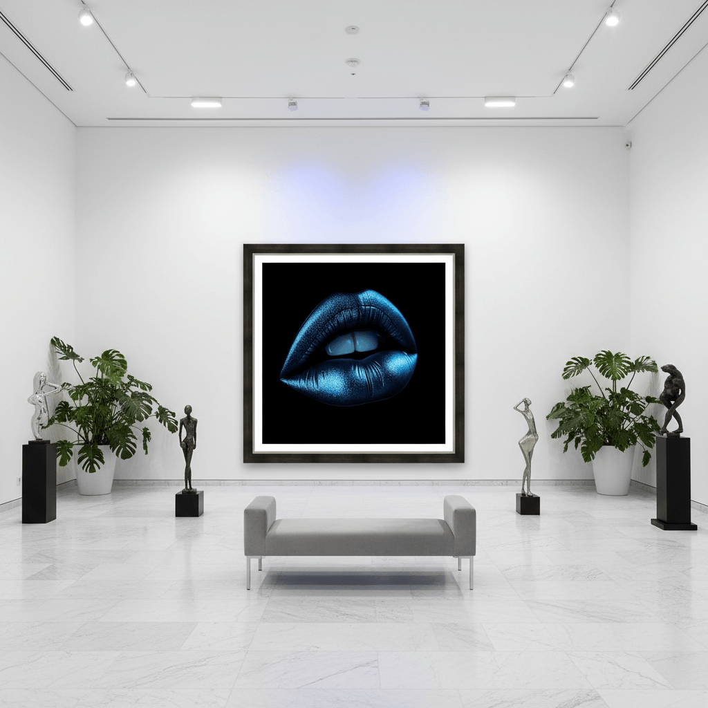 Framed sapphire blue metallic lips artwork with glossy teeth, centered